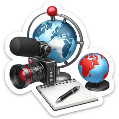 An icon showing a microphone, a notepad, and a camera, symbolizing journalism. The design includes a globe in the background, representing global news, and a breaking news banner for emphasis. Transparent background highlights the dynamic world of media and reporting. sticker