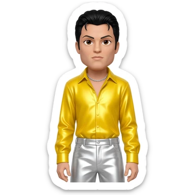 Freddie Mercury with brown eyes, black hair, yellow metallic shirt, white metallic baggy pants, silver necklace sticker