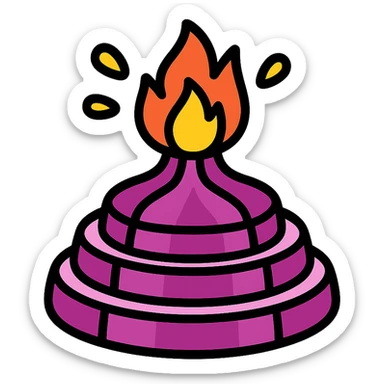 sliced onion stacked to look like a volcano with fire erupting from the top sticker