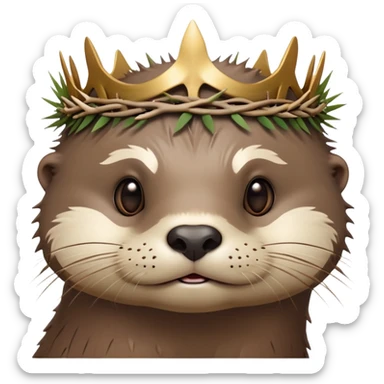 really cute confused otter face in three-quarter profile with simple thorny stem wrapped horizontally around its forehead like Jesus Christ's Crown of thorns, no crown shape on top, just thin spiky branches circling the forehead sticker