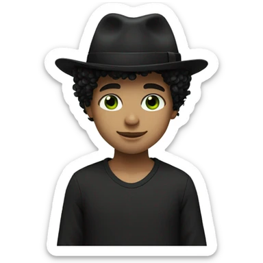 boy with black curly hair and black hat black shirt green eyes sticker