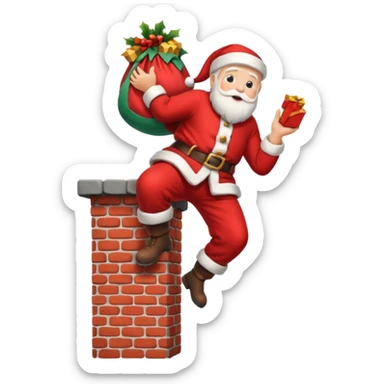 Santa Claus is carrying a bag of presents and climbing down the chimney. sticker