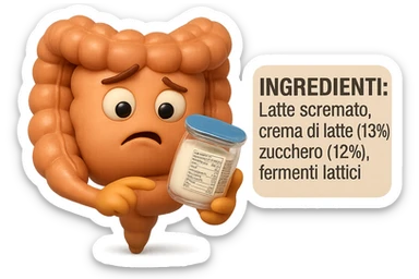 SU QUESTO STILE FAI UN EMOJI STILE IPHONE 3D DI UN INTESTINO CHE HA IN MANO UN BARATTOLO DI YOGURT CONFEZIONATO DA SUPERMERCATO E LEGGE L'ETICHETTA NUTRIZIONALE CON GLI INGREDIENTI IN ITALIANO, ACCANTO ALLO YOGURT CHE HA IN MANO C'è UN FOCUS SULL'ETICHETTA CON GLI INGREDIENTI SCRITTI, FAGLI UN ESPRESSIONE CONFUSA MENTRE LEGGE E FALLO MOLTO REALISTICO IN 3D sticker