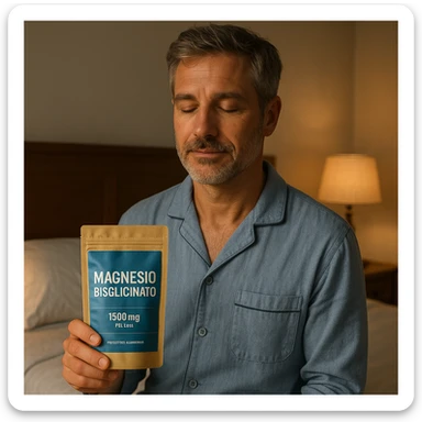 realistic illustration of a man holding a package of "Magnesio Bisglicinato" near the bed, wearing pajamas, with a serene and relaxed atmosphere, ready for the night sticker