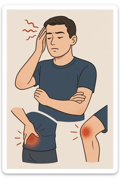 uomo che ignora i suoi un mal di testa, mal di schiena e dolore articolare e ignora ogni segnale e messaggio che il corpo manda per avvertirlo sticker