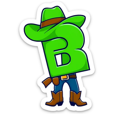 Cowboy character with green cowboy hat and letter R sticker