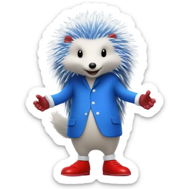 Tall blue hedgehog that stand on 2 let's and have got white gloves and big red shoes with a white line on them and he runs very fast sticker