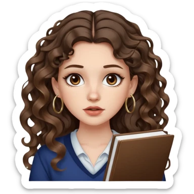 cute girl with not volominous VERY LONG curly/wavy brunette hair with balayage, brown eyes, full lips, natural clean girl makeup and hoop earrings white girl: super desperate studying sticker