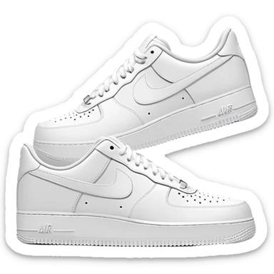 Two white Nike Air Force 1 shoes arranged with the second shoe behind the first, pure white colorway, iconic Nike swoosh, minimalist design sticker