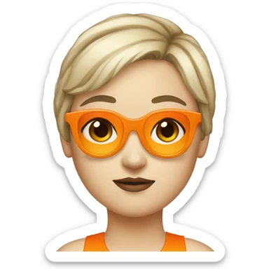 White girl with really short bangs which above the eyebrow and short hair wearing orange sunglasses sticker