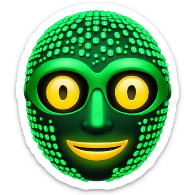 Cyberpunk emoji formed from cascading green Matrix symbols, neon glow, dark futuristic background, smooth rounded design, 3D style, high contrast, cinematic lighting. sticker