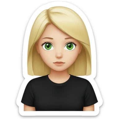 Girl with green eyes, blonde with straight hair to the chest in a black t-shirt sticker