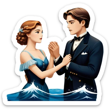 Icon for Titanic Movie: A vintage movie poster-style design featuring a dramatic scene of the ship, the iceberg, and a romantic silhouette of the main couple. Include elements like the ship’s bow, water splashes, and a starry sky in the background. Retro cinematic feel. Transparent background. sticker