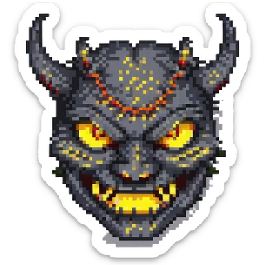 pixel art شیطان, grinning devil face, glowing yellow eyes, stylized sticker