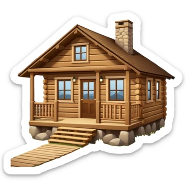 A rustic wooden cabin with horizontal log-style siding and a small front porch enclosed by crossed wooden railings. The cabin has a simple rectangular shape, a sloped roof, and warm brown wood tones throughout. sticker