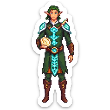 elf male Short wetsuit-style garb, glowing runes on skin, holding a conch horn. sticker