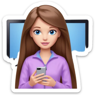 beautiful barbie girl with long brown hair, blue eyes and wearing light purple clothes watching netflix on tv sticker