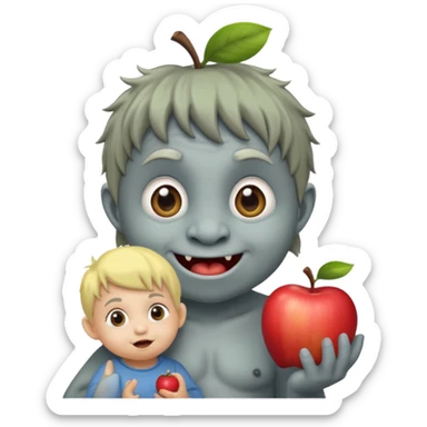 mischievous troll holding a small surprised toddler, playful, apple emoji style sticker