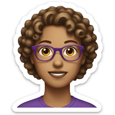 female with brown curly hair, hazel eyes, purple glasses sticker
