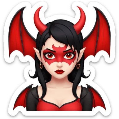 Demon girl: red skin, black hair, small horns, bat wing; tattoo-flash comic style; red/black palette; bold outlines; dark background; no text. sticker