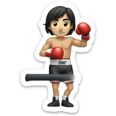 A dark-haired photographer in a boxing ring with an info bubble on the side that says fight. sticker