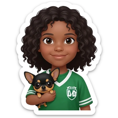 Une fille. Cheveux bouclée. Porte à maillot. Vert. Avec un chihuahua noir marron poil courut c'est une fille daisy et pour finir par apprend dans les brastous les 2. Avec sa maîtresse avec. Et moi mmatichienne sticker