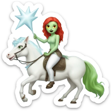 [
	{ woman: alien, color: light green, hair:red, eyes:cat} ]
	on a 
	[{ unicorn: white, legged:six, mane: light blue }] sticker