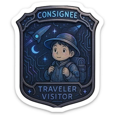 a metal insignia badge for a consignee traveler visitor, space scifi-futuristic cyberpunk futurepunk sticker
