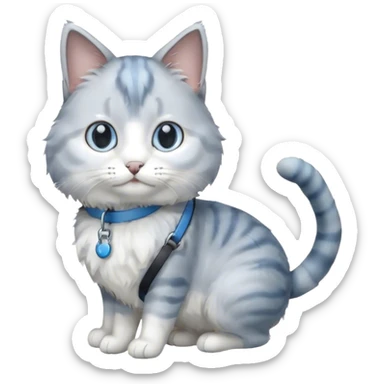 gray and white cat on a blue leash sticker