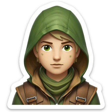 Clash of Clans aesthetic friendly Ranger Portrait Emoji, With a lean, agile build clad in earth-toned leather and green accents, a keen, focused gaze and a weathered hood shadowing determined eyes, his face rendered in a natural skin tone (not yellow), Simplified yet sharply defined features, highly detailed, glowing with a soft, natural woodland radiance, high shine, intelligent and resolute, stylized with an air of forest guardian authority, focused and alert, soft glowing outline, capturing the essence of a confident ranger ready to defend the wild with stealth and valor! sticker