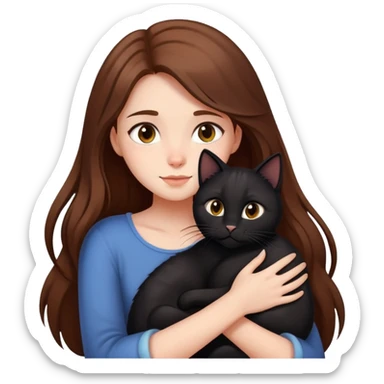 A girl with long brown hair hugs a black cat tightly sticker
