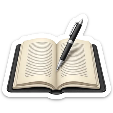 "A white open book,The pen should be positioned as placed exactly in the center between the pages.  if held by a right-handed person - meaning the direction is reversed compared to a left-handed grip. The pen should be uncapped, and the cap placed behind it." sticker