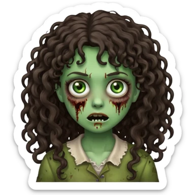 Emoji garota zombie com cabelo castanho escuro cacheado longo com franja cacheada sticker