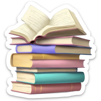 Create an emoji of a stack of books and an open notebook with pastel colors, representing books being read and annotated. sticker