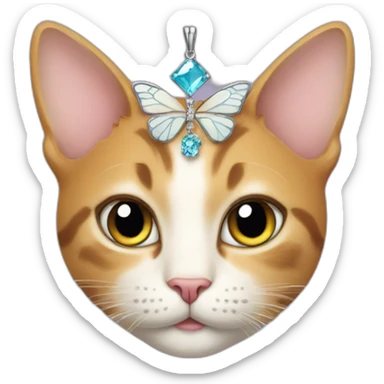 cat wearing a tiara and necklace with a butterfly shaped pendant sticker
