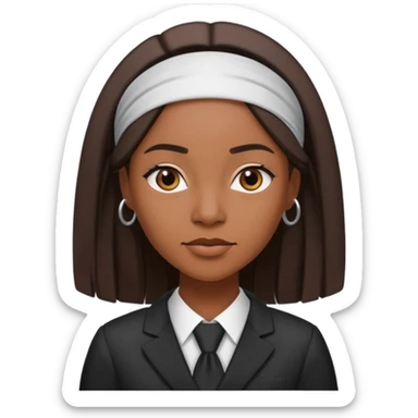 confident Black woman lawyer, 30, long straight hair, headband, sharp and strong personality sticker