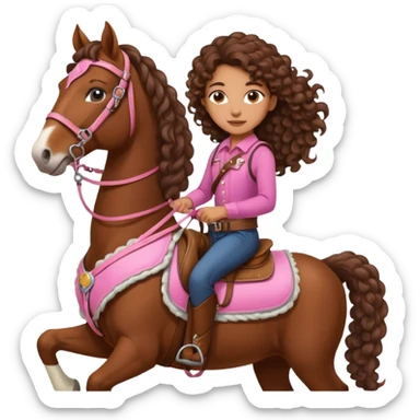 Realistic mixed race girl with long curly hair, riding a big draft horse, wearing pink harness and saddle  sticker