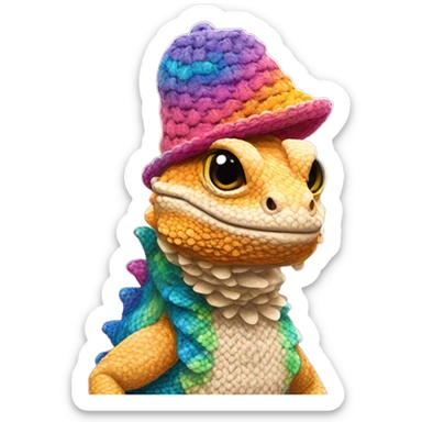 a bearded dragon wearing a crochet hat sticker