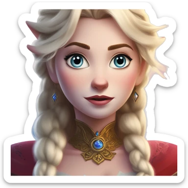 Warcraft award winning Elsa in Apple Ad style, oil paint, mysterious eyes, intricate lips, masterpiece pose, odd perspective, beautiful, desirable, logical, midsommar, ikea sticker