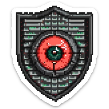 Shield badge with binary code pattern and a red warning eye symbol, cybersecurity expert sticker