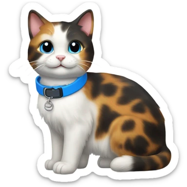 happy cute tortoiseshell white cat with blue cat collar full body  from half side perspective  sticker