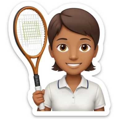 Chindian tennis coach, caramel brown skin, short straight hair, oval face, small eyes, smiling, holding a tennis racket sticker