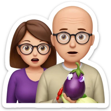 Woman with brown hair and huge boobs looks shocked at bald mand with glasses holding eggplant sticker