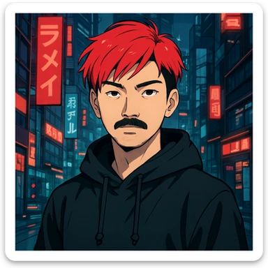 Asian man with black mustache, red hair, black hoodie, futuristic city background, Japanese cyberpunk anime style sticker