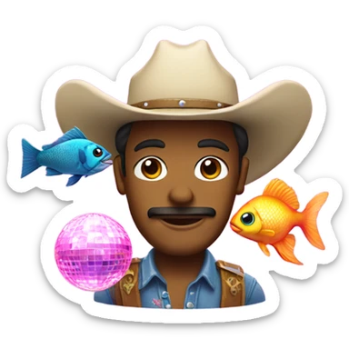 a cowboy with a pink hat and disco ball and a fish sticker