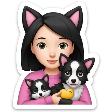 cheerful girl with side parted black hair shoulder length black eyes wearing pink sweater carrying black and white border collie with perked ears emoji style sticker