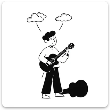 A musician playing guitar with head tilted up towards the sky, with clouds in the background, sad worried expression on face, concerned look, hoping for an opportunity sticker