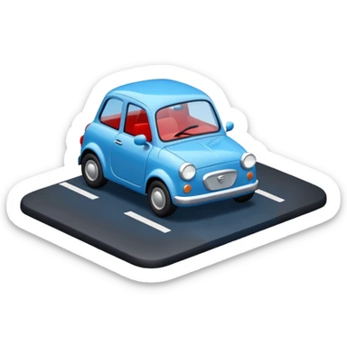 A simple 3D icon showing a road with a small blue car moving forward. The design uses blue, white, and black as main colors, with tiny red accents for the car lights. Clean, minimal, and easy to understand. sticker