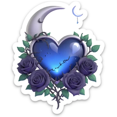 gothic heart with visible silver staples mending a crack, midnight blue glass, silver crescent moon, black roses, stardust, lightning, rain, fantasy style sticker