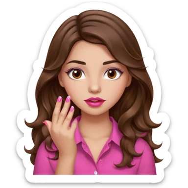 girl with long wavy brown hair, brown eyes, light to medium complexion, in a pink shirt, pink lips, long lashes, puckered lips, showing off painting nails sticker